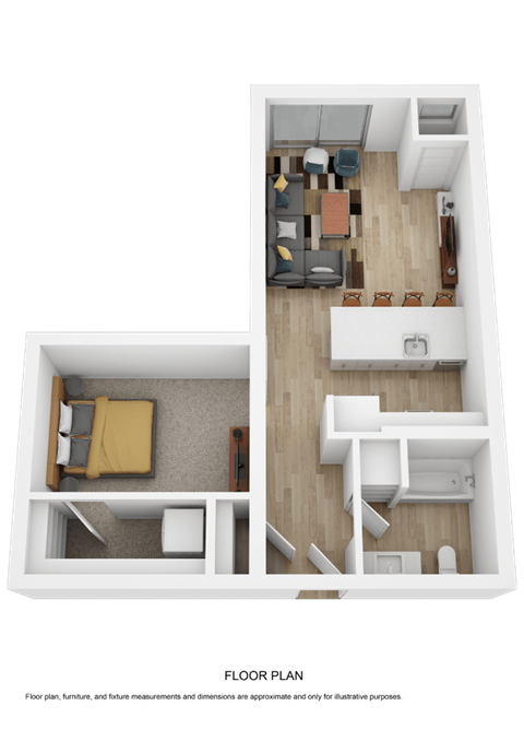 A top down view of a small apartment with a bedroom, living room, and kitchen.